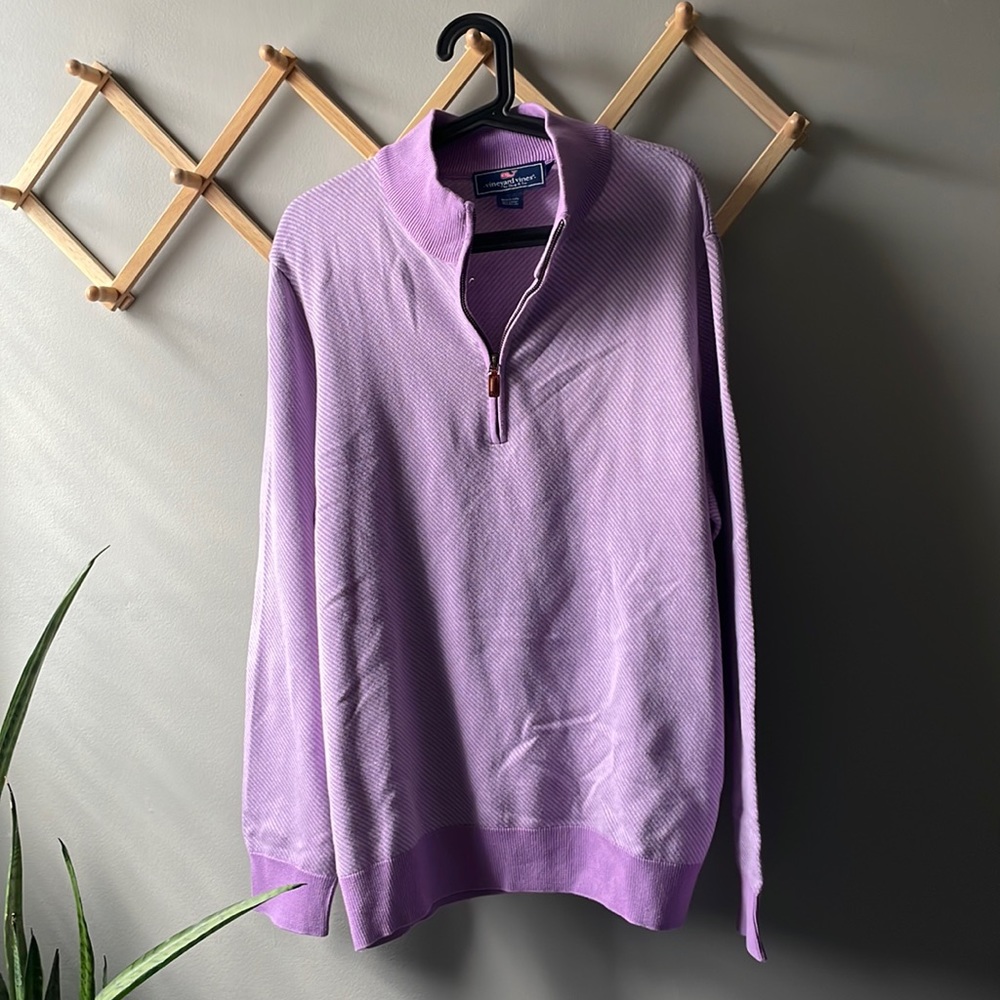 Vineyard Vines Boathouse Lavender Stripe Mock Neck Quarter Zip Sweater